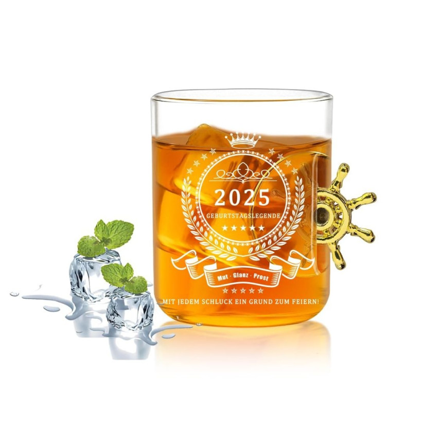 Szklany kubek żeglarski z kołem okrętowym z niemieckim napisanem (D3)