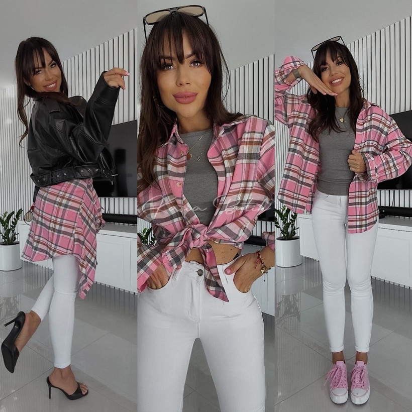 Koszula Bawełniana Greta Krata Pudrowo&Grafitowo&Biała