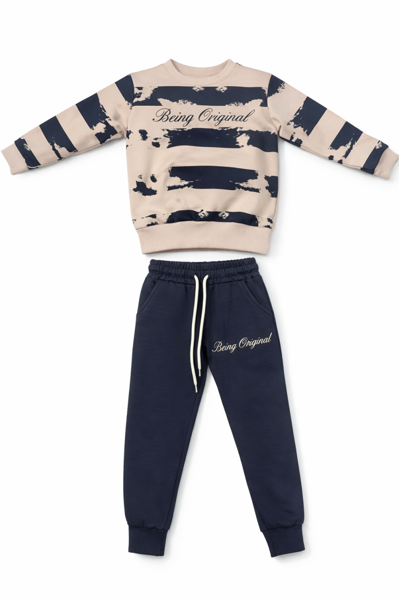 Komplet Bluza BEING ORIGINAL - BEŻ/GRAFITOWY NIEBIESKI 