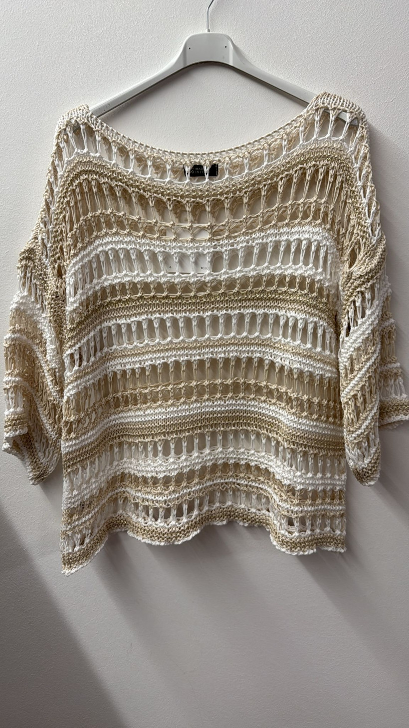 Italia nr.10 - Sweter niciakowy dwukolorowy - ażurowy Wł. 26393 - beżowy