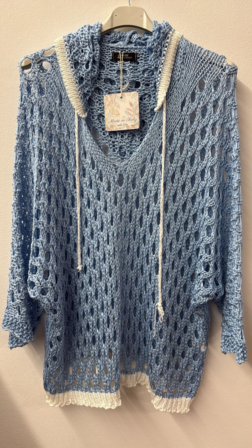 Italia nr.10 - Sweter niciakowy jednokolorowy z obramówką i kapturem Wł . 26516 - niebieski z białym