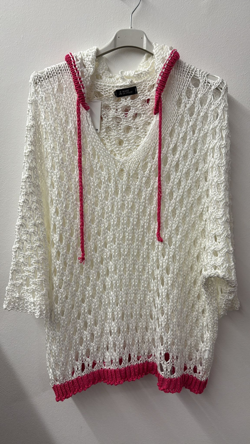 Italia nr.10  - Sweter  niciakowy jednokolorowy z obramówką i kapturem  Wł . 26516  -  biały z różem 