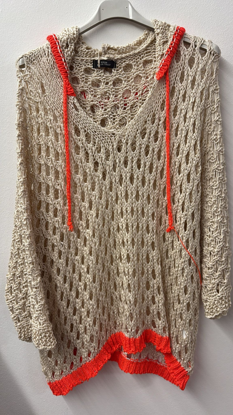 Italia nr.10  - Sweter  niciakowy jednokolorowy z obramówką i kapturem  Wł . 26516  -  beż z pomarańczem