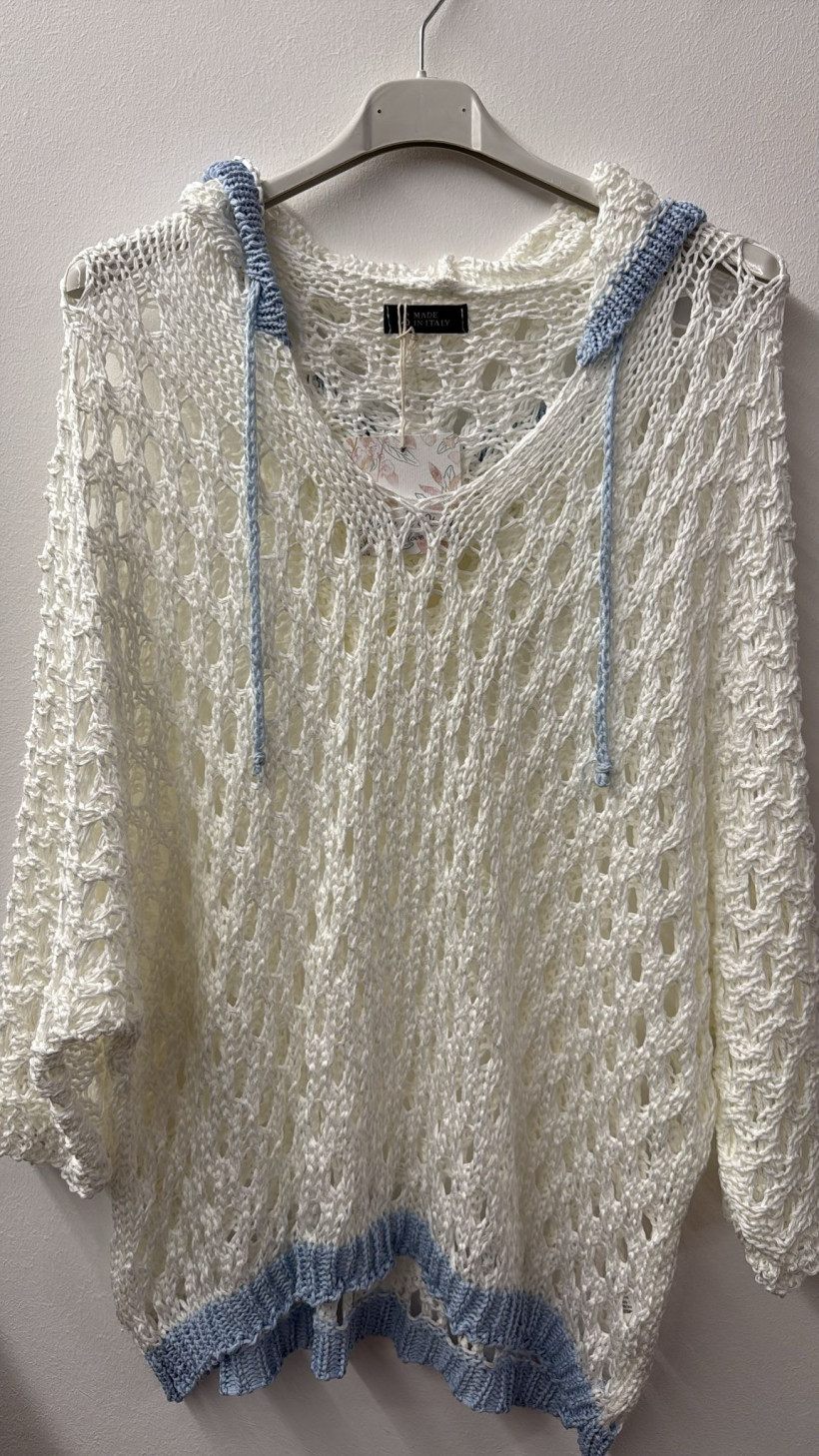 Italia nr.10 - Sweter niciakowy jednokolorowy z obramówką i kapturem Wł . 26516 - biały z niebieskim