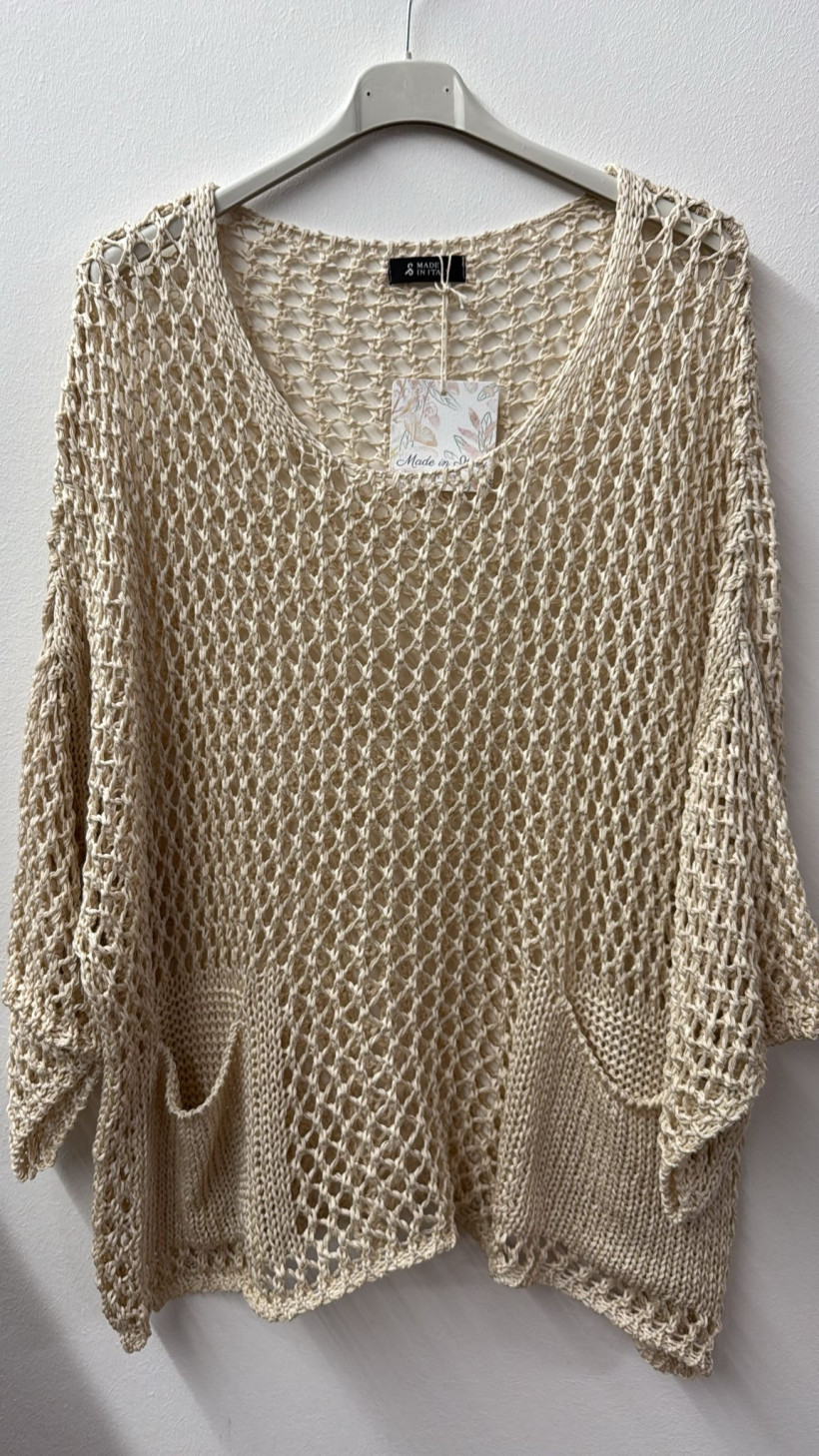 Italia nr.10 - Sweter niciakowy jednokolorowy z kieszeniami Wł . 26392 - bezowy