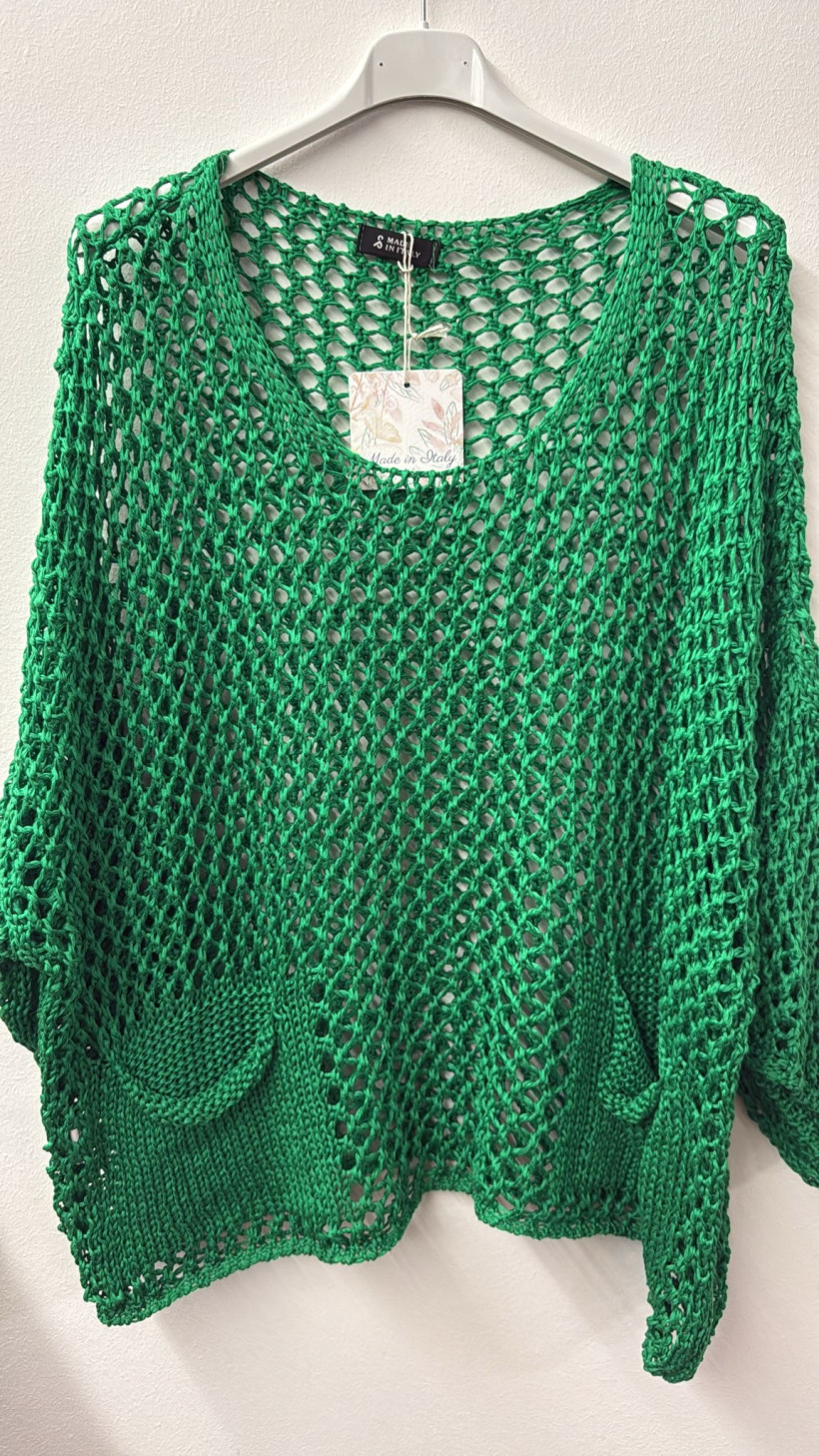 Italia nr.10  - Sweter  niciakowy jednokolorowy z kieszeniami   Wł . 26392  - zielony