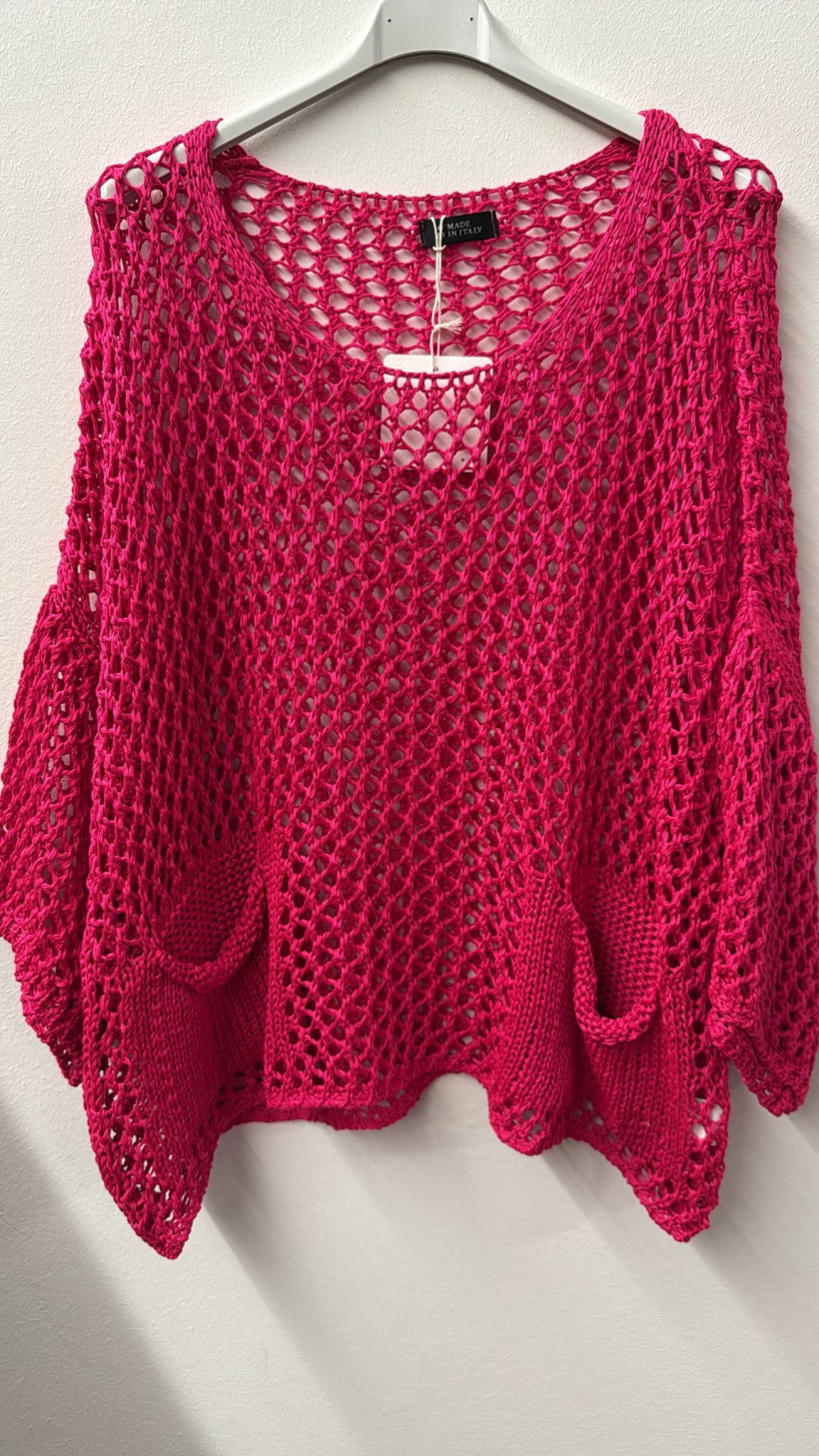 Italia nr.10 - Sweter niciakowy jednokolorowy z kieszeniami Wł . 26392 - fuksjowy