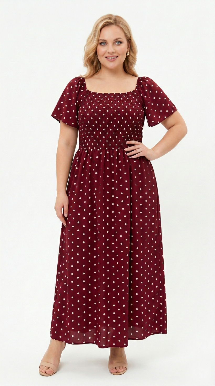 Italia nr 10 - Sukienka maxi w groszki , gumki na biuście - k5466 - bordo