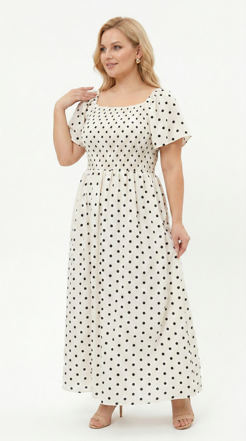 Italia nr 10 - Sukienka maxi w groszki , gumki na biuście - k5466 - biała