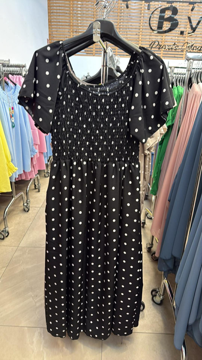 Italia nr 10 - Sukienka  maxi w groszki , gumki na biuście - k5466 - czarna