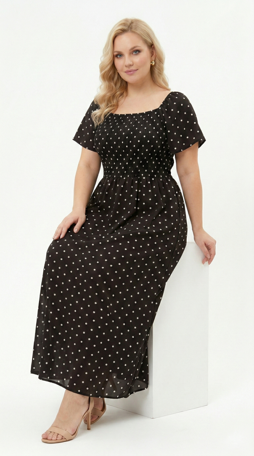 Italia nr 10 - Sukienka maxi w groszki , gumki na biuście - k5466 - czarna