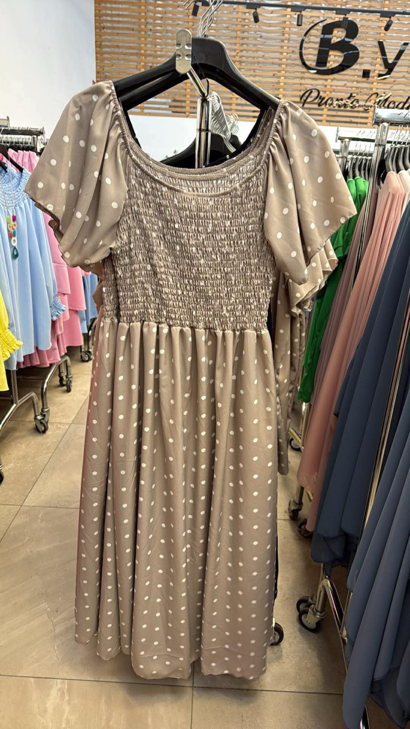 Italia nr 10 - Sukienka  maxi w groszki , gumki na biuście - k5466 - beżowy