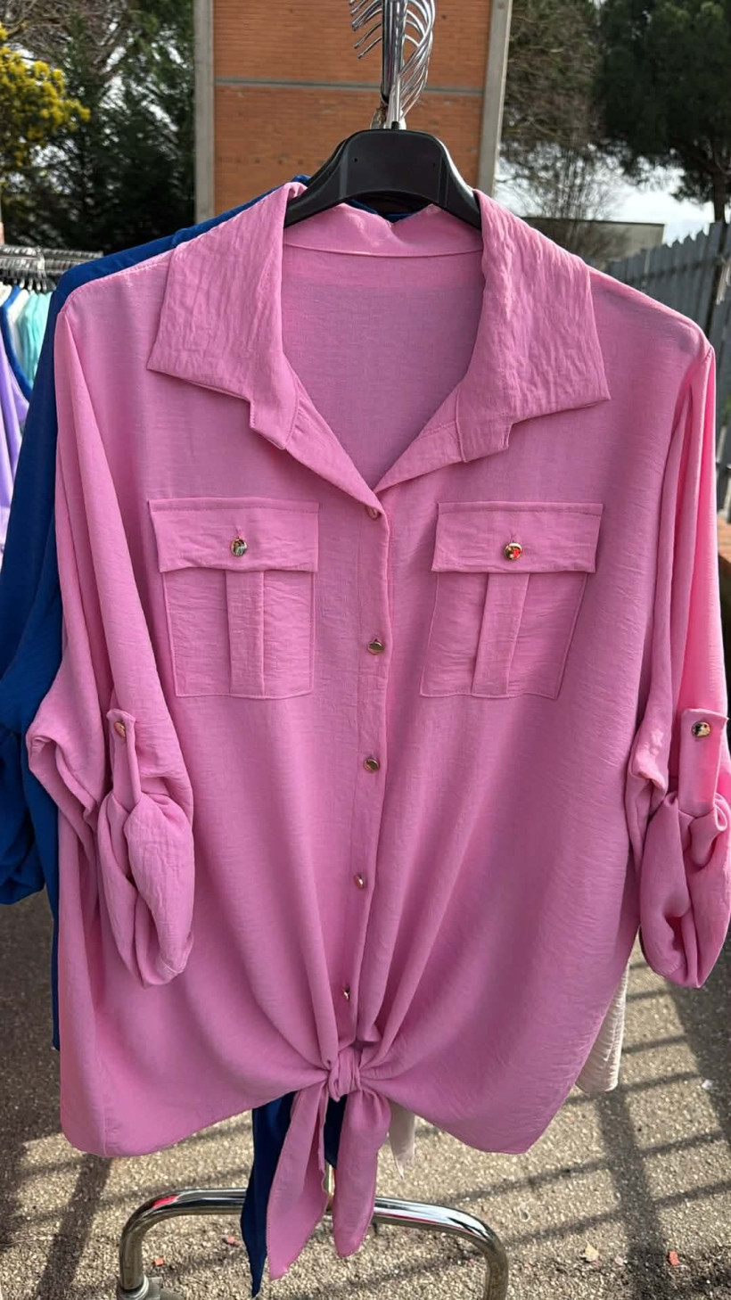 Italia nr 10 - Koszula jednokolorowa z kieszeniami - wiązana - 24365 - różowy