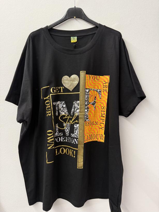 Italia nr.10 - Bluzka jednokolorowa czarna - aplikacja złoto/pomarańczowa Wł.1273