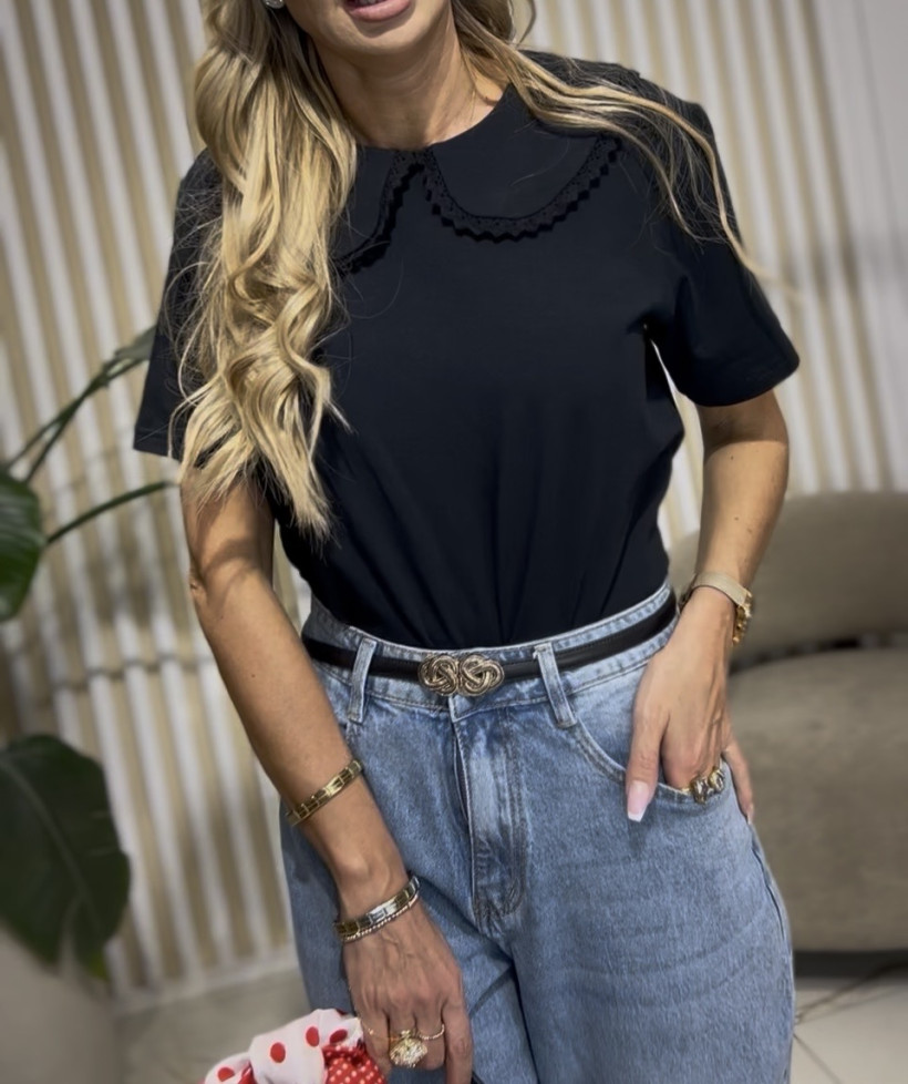 BOCCA TSHIRT KOŁNIERZ AŻUR CZARNY