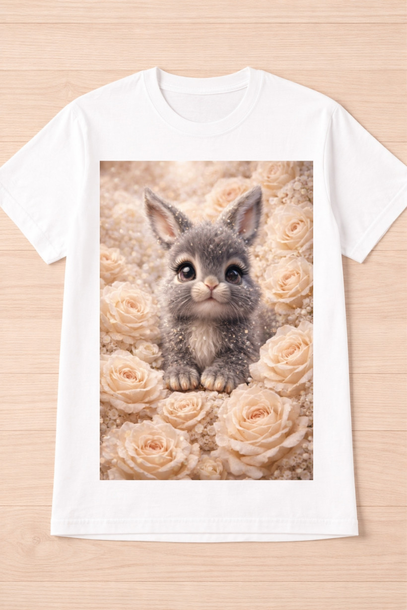 ZA T-shirt BIAŁY - zajączek w różach NUDE