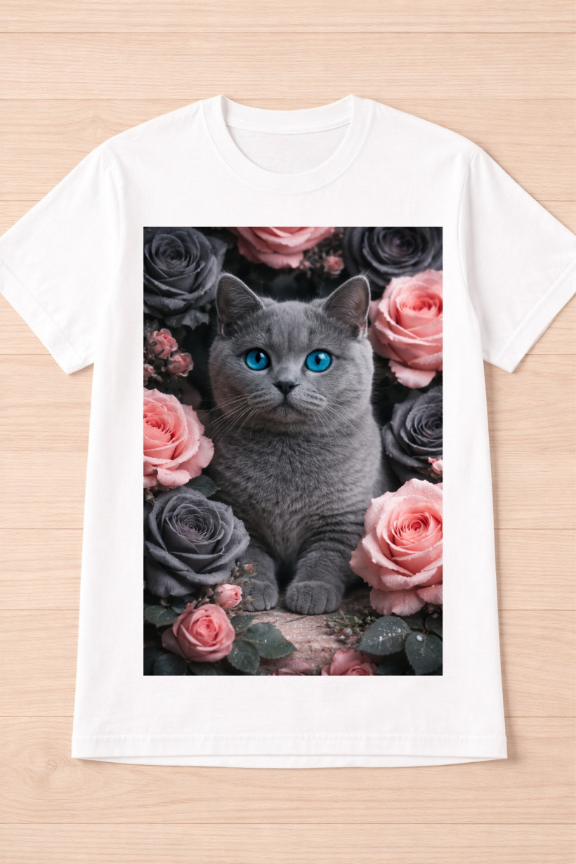 ZA T-shirt BIAŁY - kot brytyjski w różach 