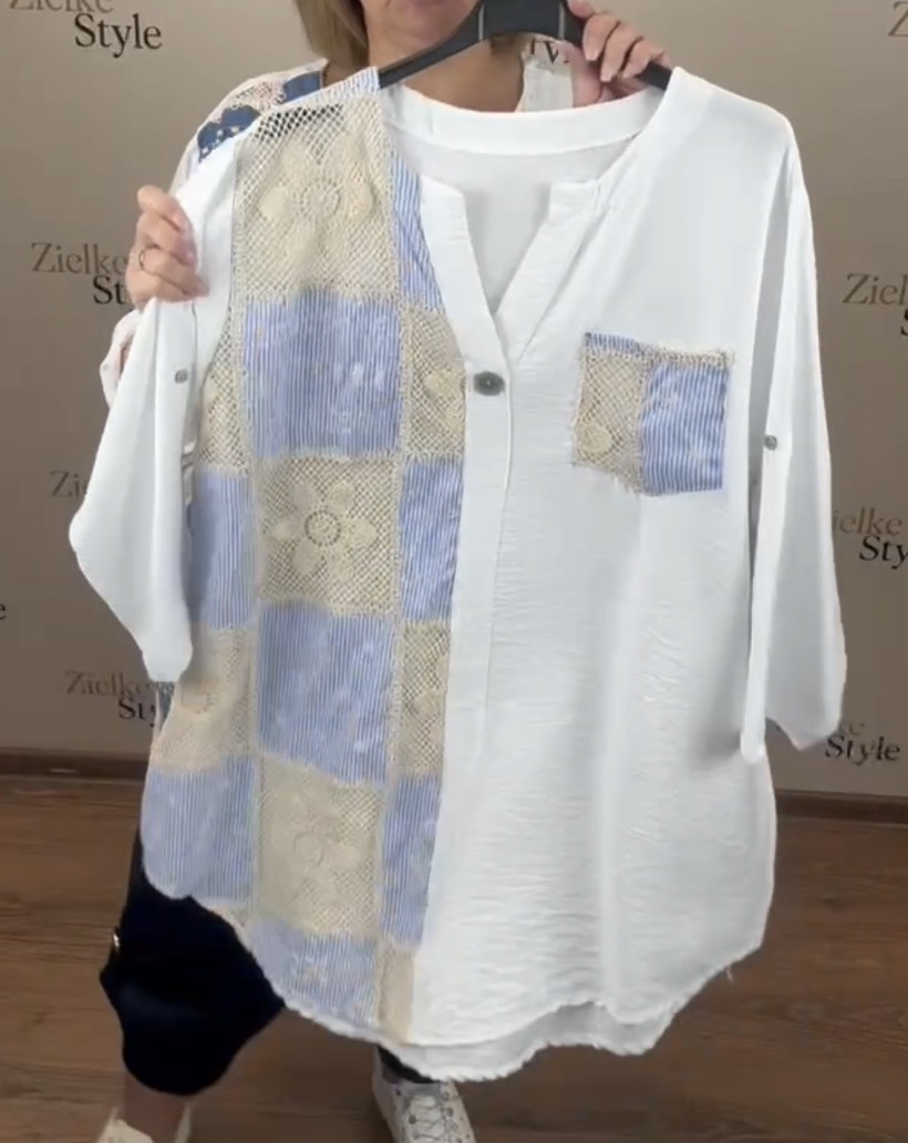 Italia nr 10 - Tunika koszulowa z kieszonką, wstawki ażurowe - 680 - błękit