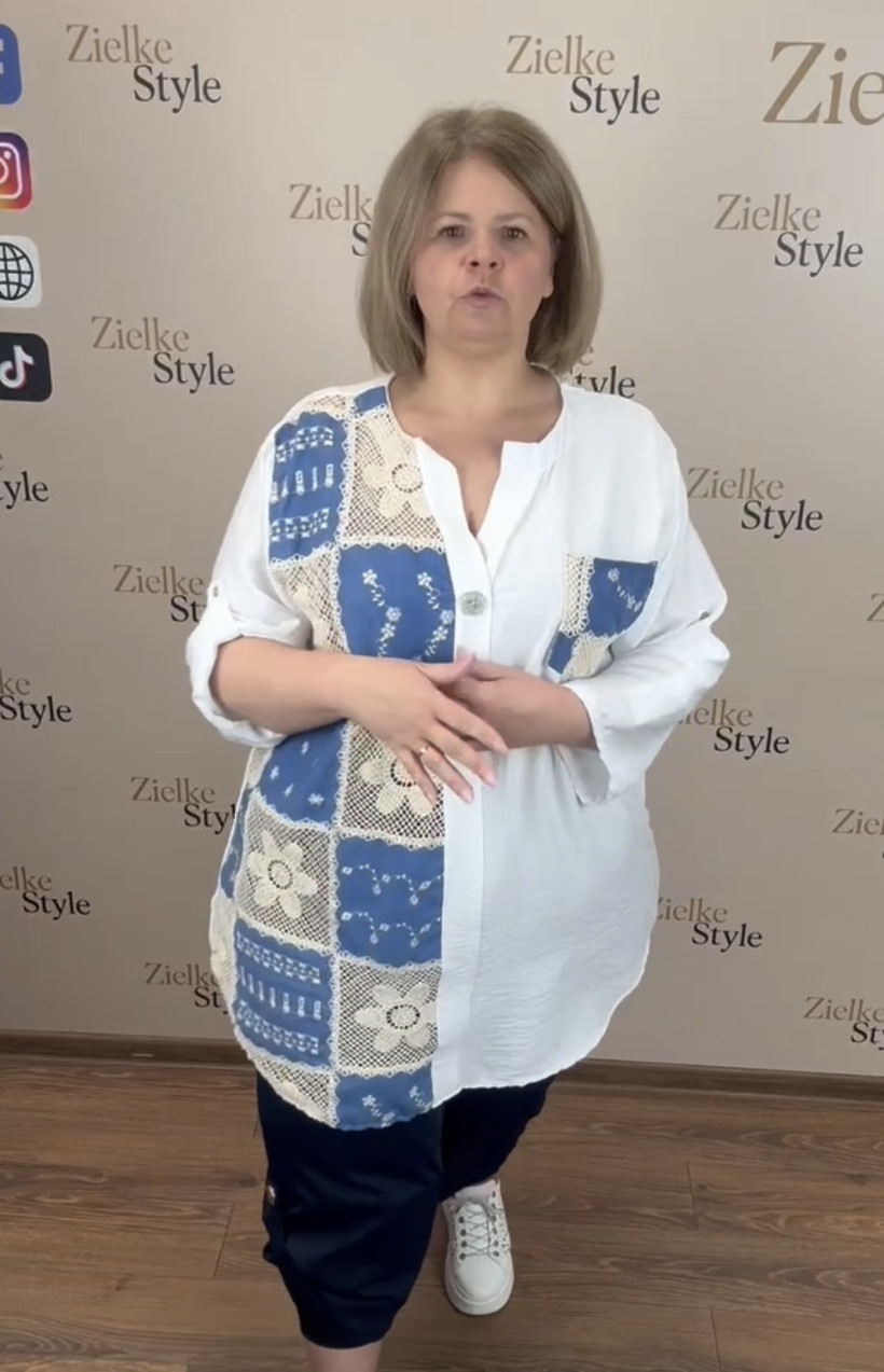 Italia nr 10 - Tunika koszulowa z kieszonką, wstawki ażurowe - 680 - jeans