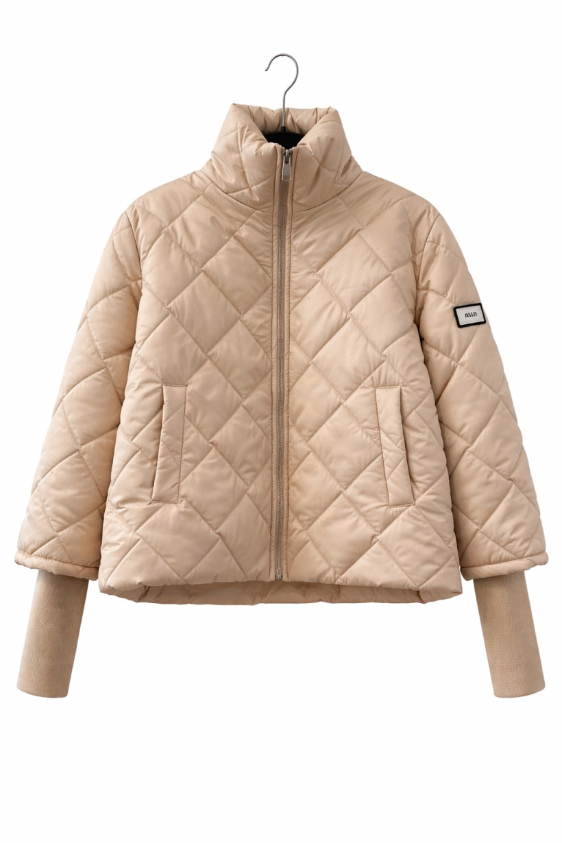 Kurtka pikowana  z dzianinowym rękawem beżowa 