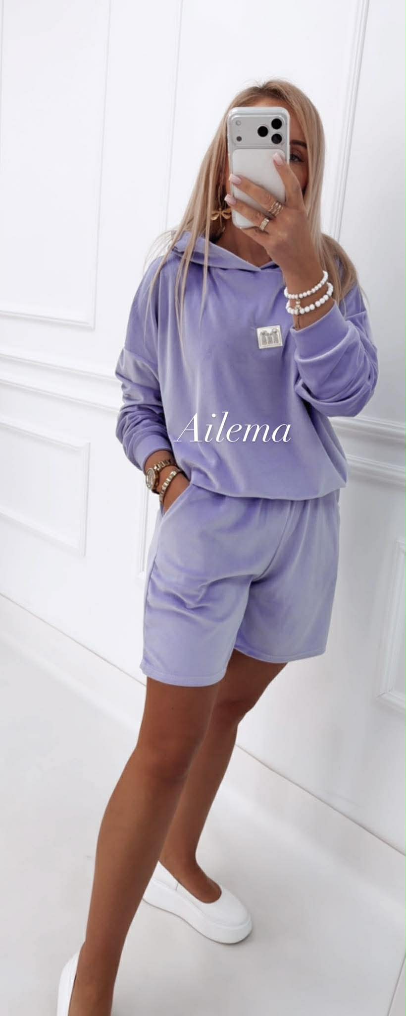 Komplet welurowy KM19 bluza z kapturem i spodenki