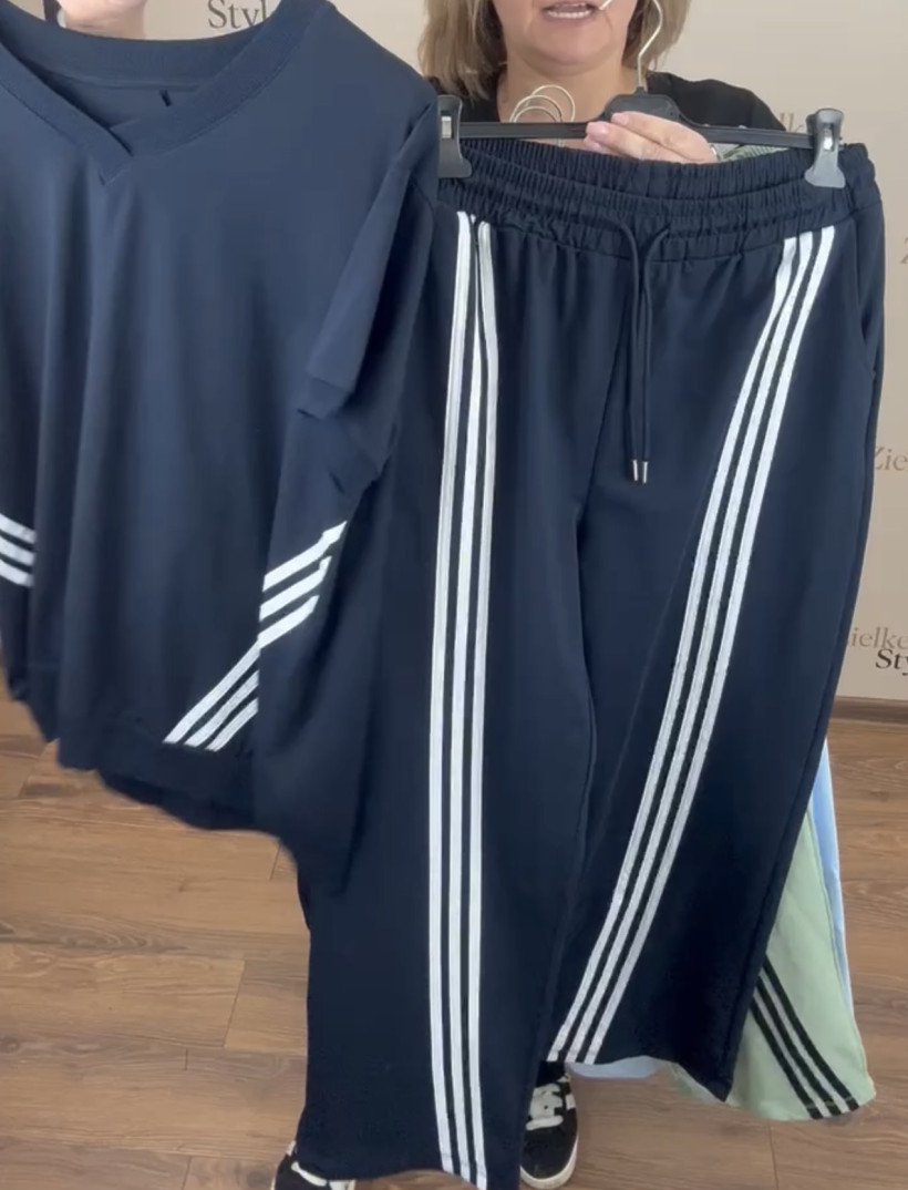 Komplet jednokolorowy bluzka + spodnie szersza nogawka , lampasy, ww - 945 - granat