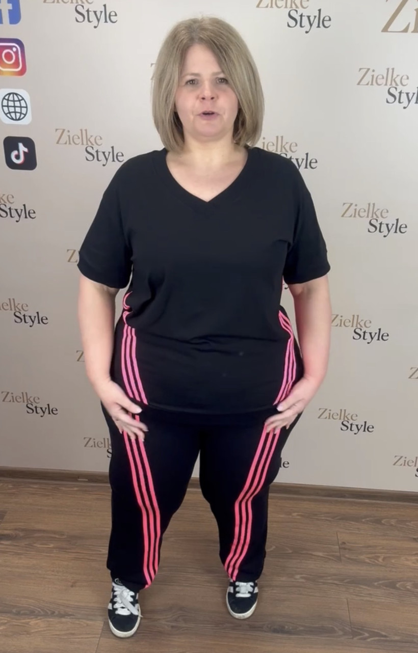 Komplet jednokolorowy bluzka + spodnie szersza nogawka , lampasy, ww - 945 - czarny z różowym