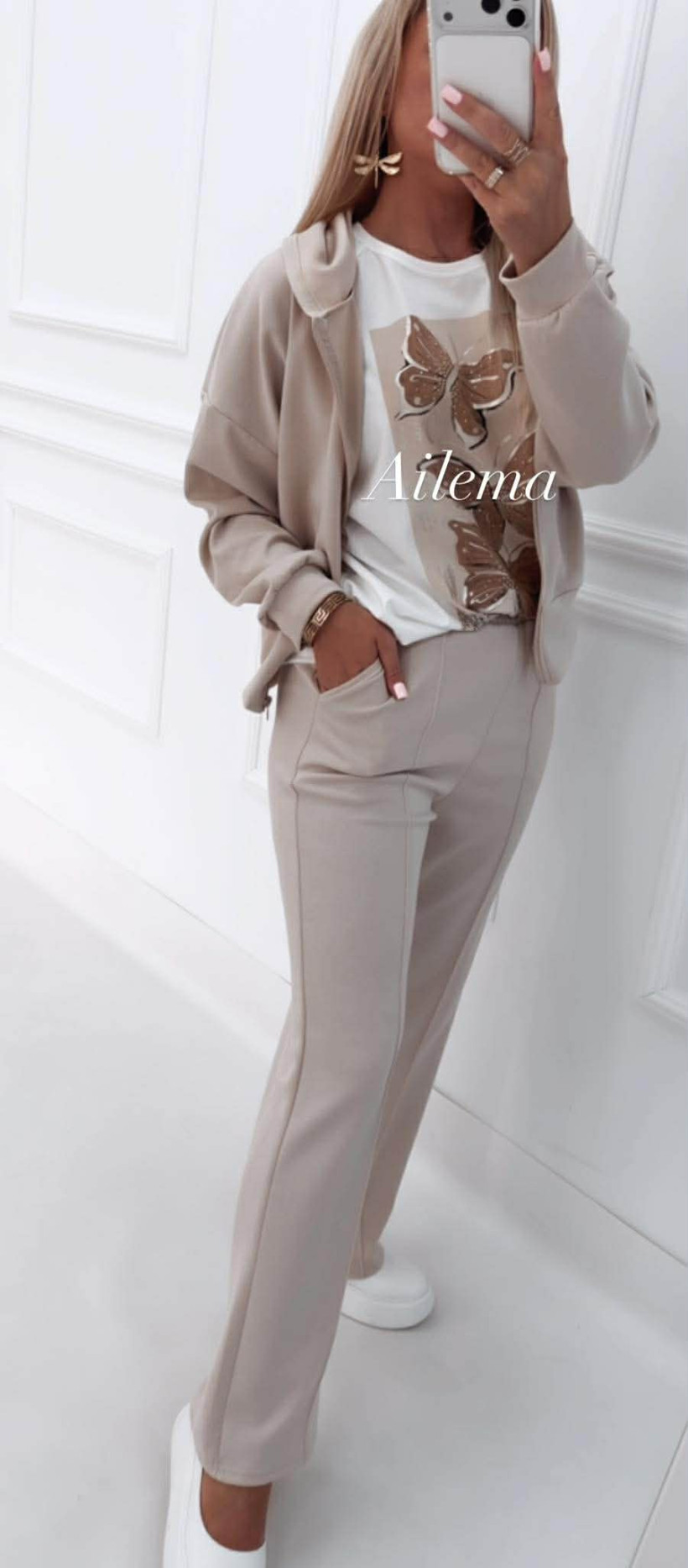 Komplet masełko Avix AX-49568 bluza z kapturem zasuwana na  zamek i spodnie z szeroką nogawką 