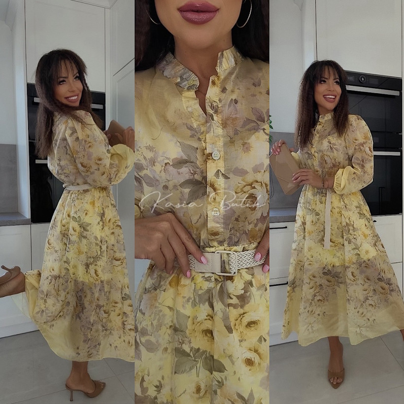 Sukienka Szyfonowa Midi Rose Flowers Żółta