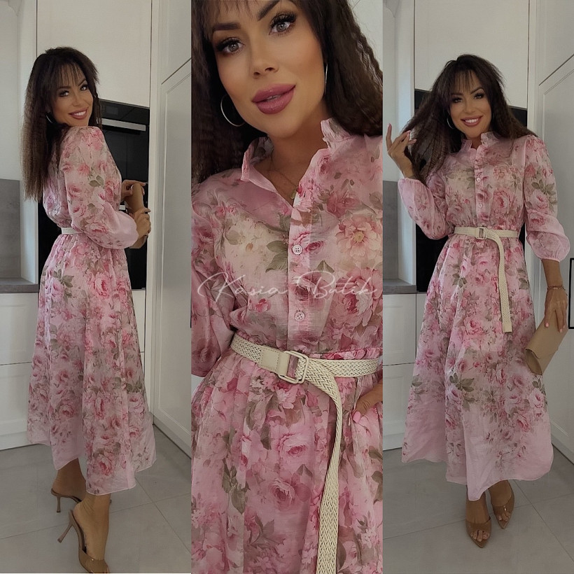 Sukienka Szyfonowa Midi Rose Flowers Pudrowa