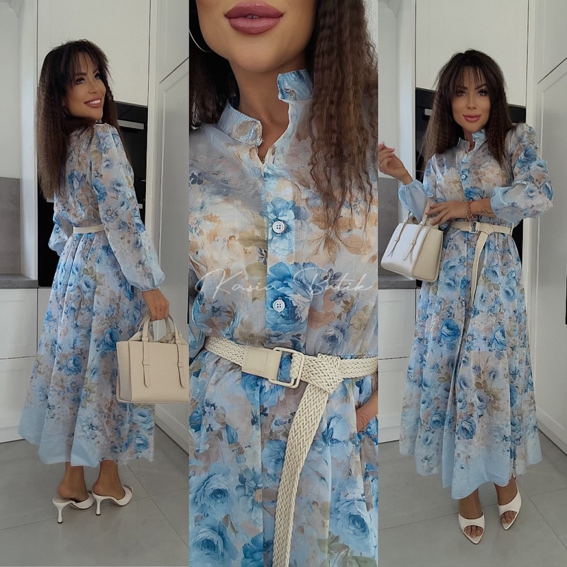 Sukienka Szyfonowa Midi Rose Flowers Niebieska