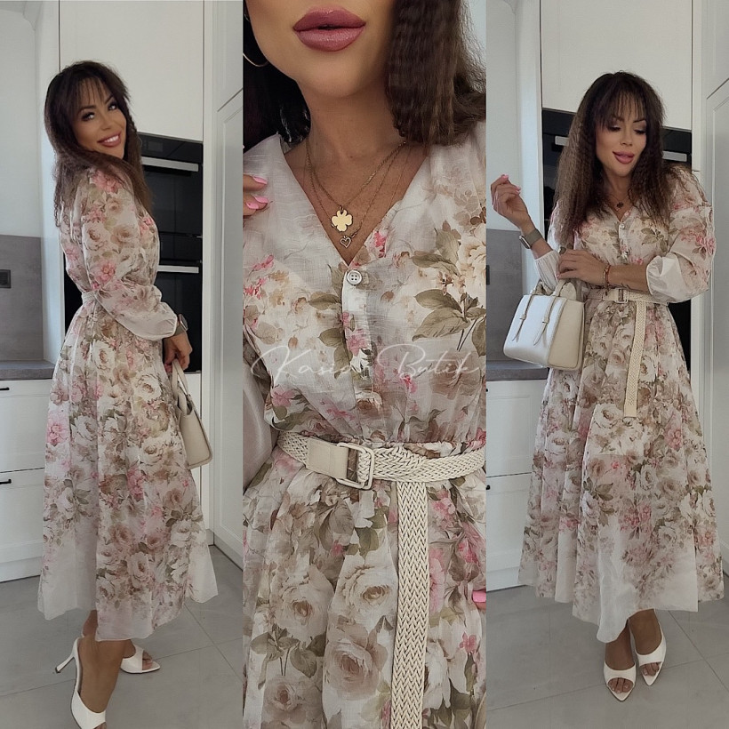 Sukienka Szyfonowa Midi Rose Flowers Beżowa