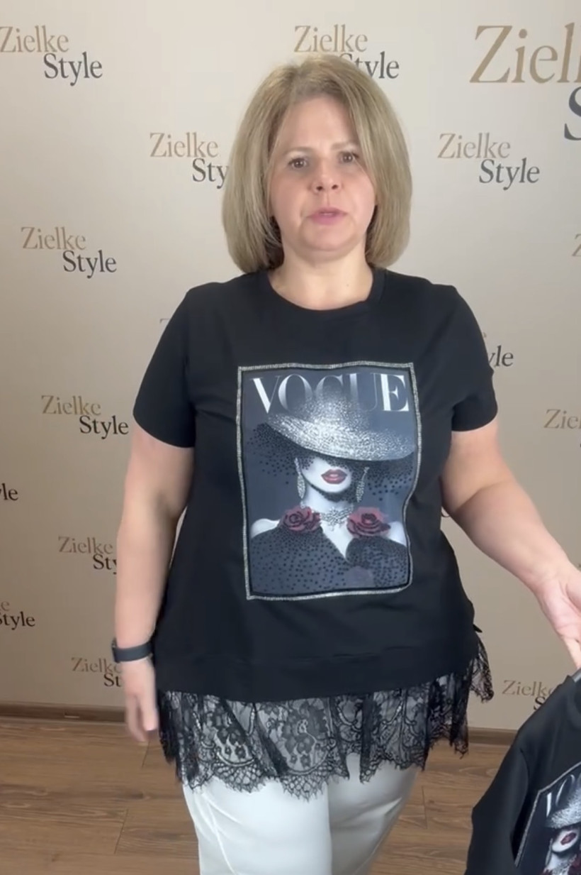 Tunika jednokolorowa, koronka na dole, ekran z kobietą, fs - 60594 - czarna