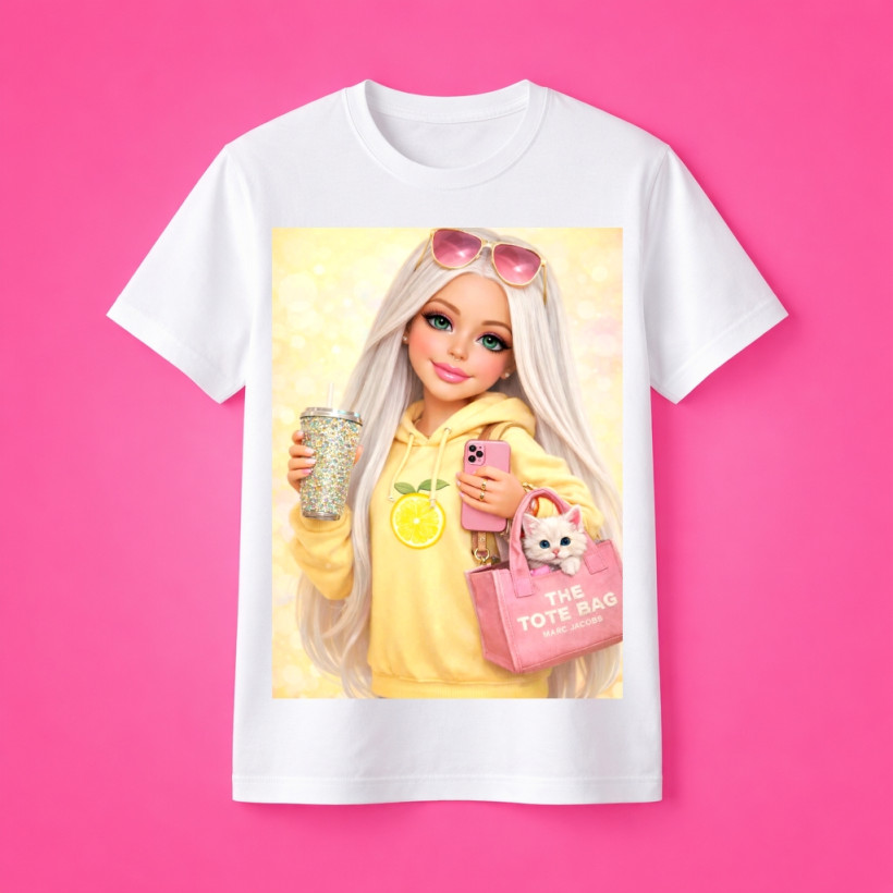 ZA T-shirt BIAŁY - Dziewczynka w żółtej bluzie , torebce z pieskiem