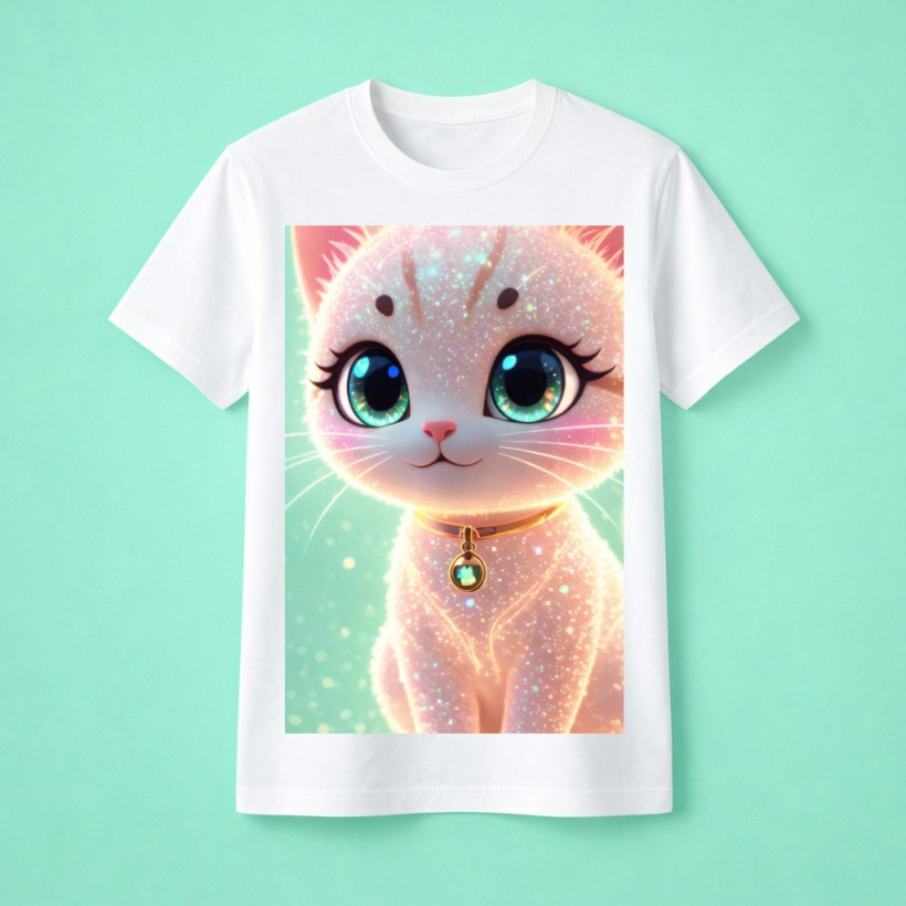 ZA T-shirt BIAŁY - kotek błyszczący na miętowym tle