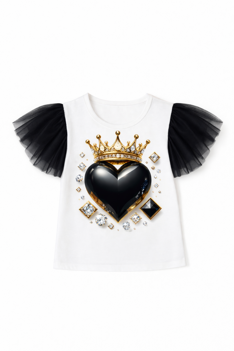 Z BLUZECZKA biała z falbanka na rękawie tiul czarny 5002 - serce korona