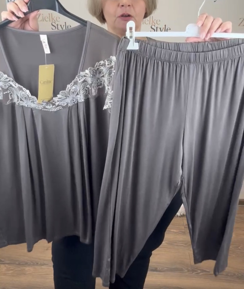 Piżama gładka z permanentną góra z gipiurą - 2xl - 98352 - czekolada