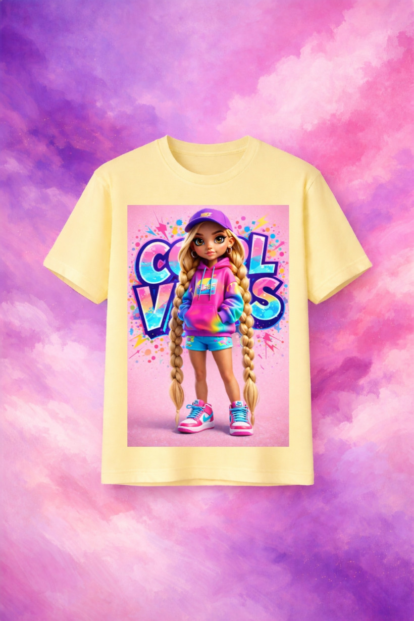 ZA T-shirt JASNY ŻÓŁTY - Dziewczynka z warkoczami graffiti EKRAN