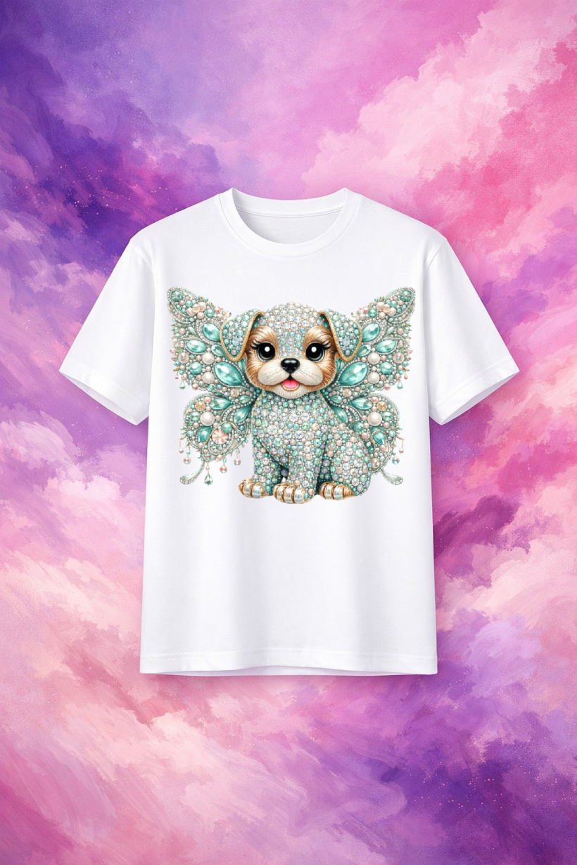 ZA T-shirt BIAŁY - piesek kryształki skrzydełka