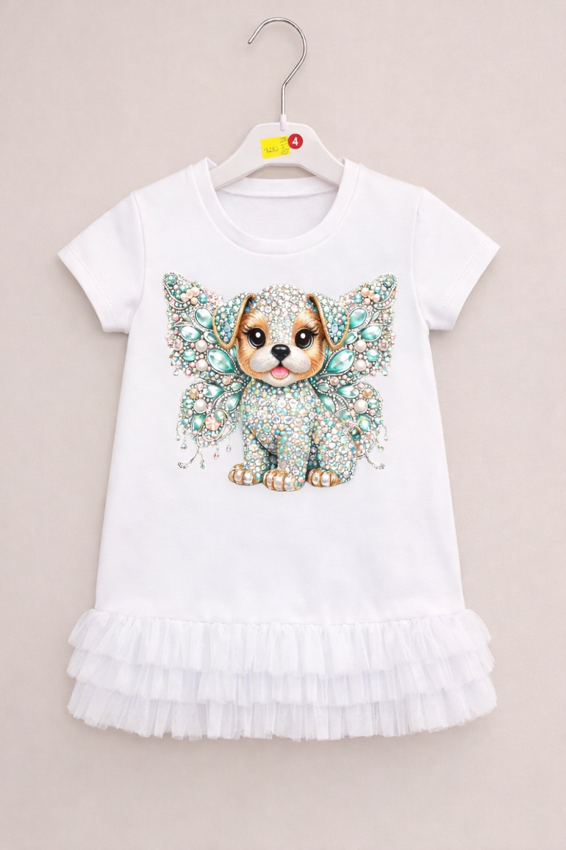 Z W Sukienka dół falbanki tiul 9071-BIAŁy- piesek DIAMENCIKI skrzydła 