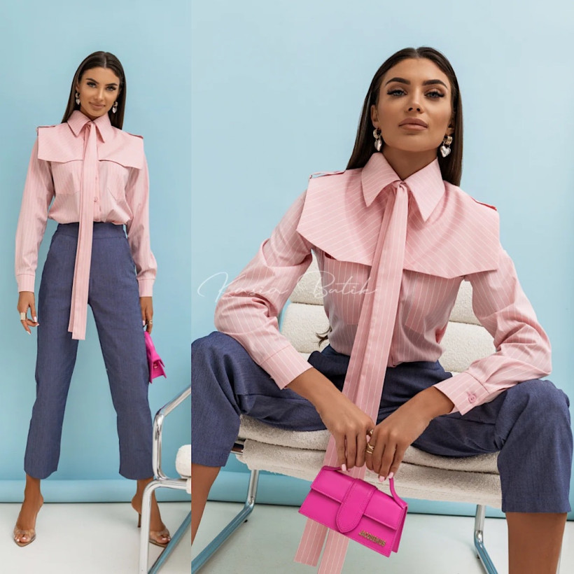 Koszula Bawełniana Milo z Krawatem Pudrowa w Białe Paski