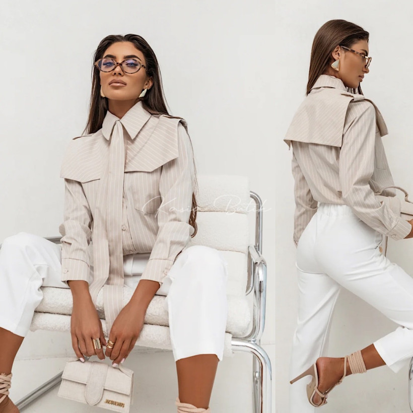 Koszula Bawełniana Milo z Krawatem Beżowa w Białe Paski