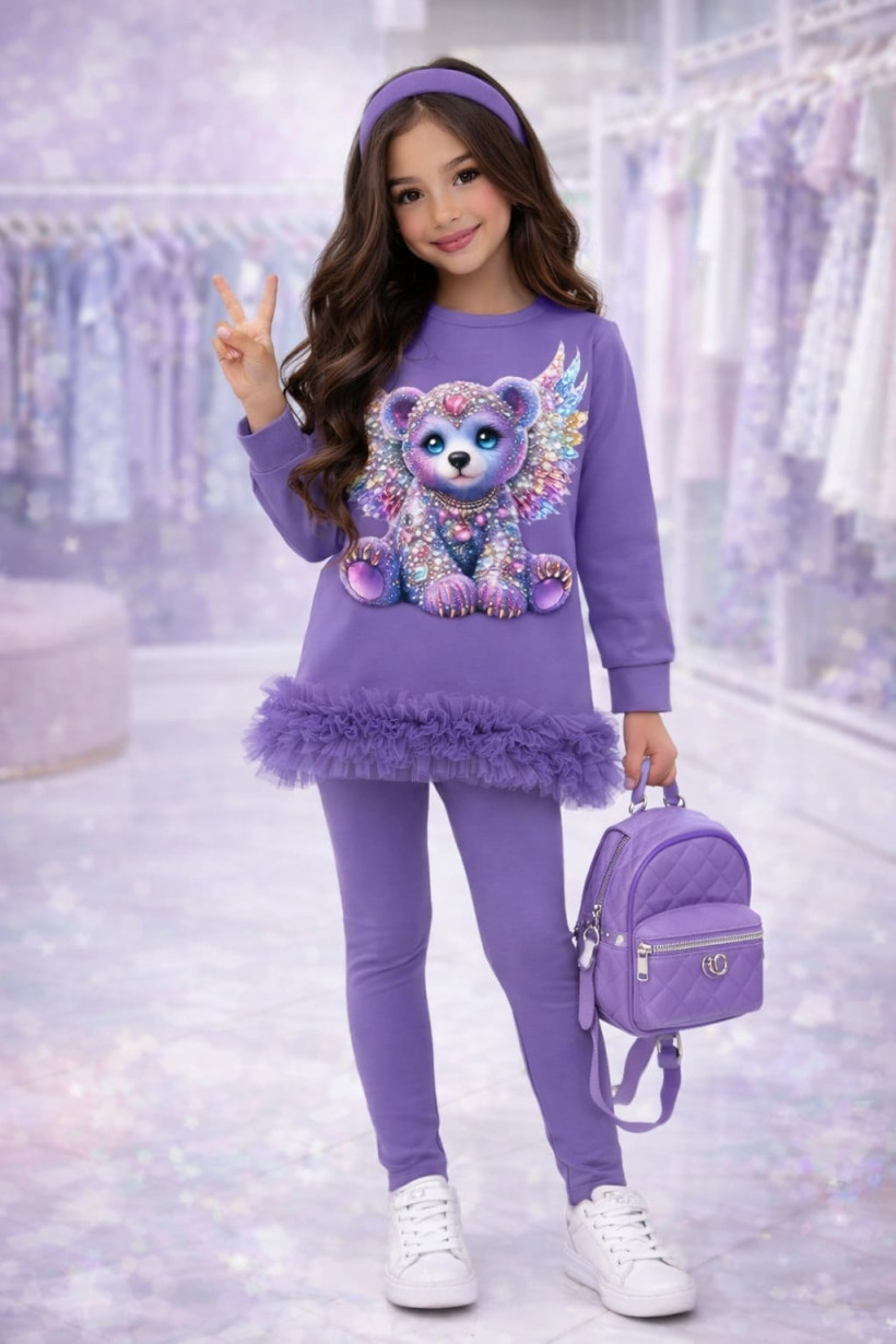 Z Komplet tunika dół falbanka tiul leginsy 4018- FIOLEt - Miś skrzydła diamenty