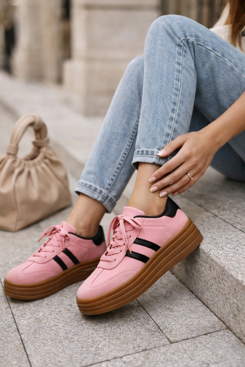 Buty różowe z czarnymi paskami snickers