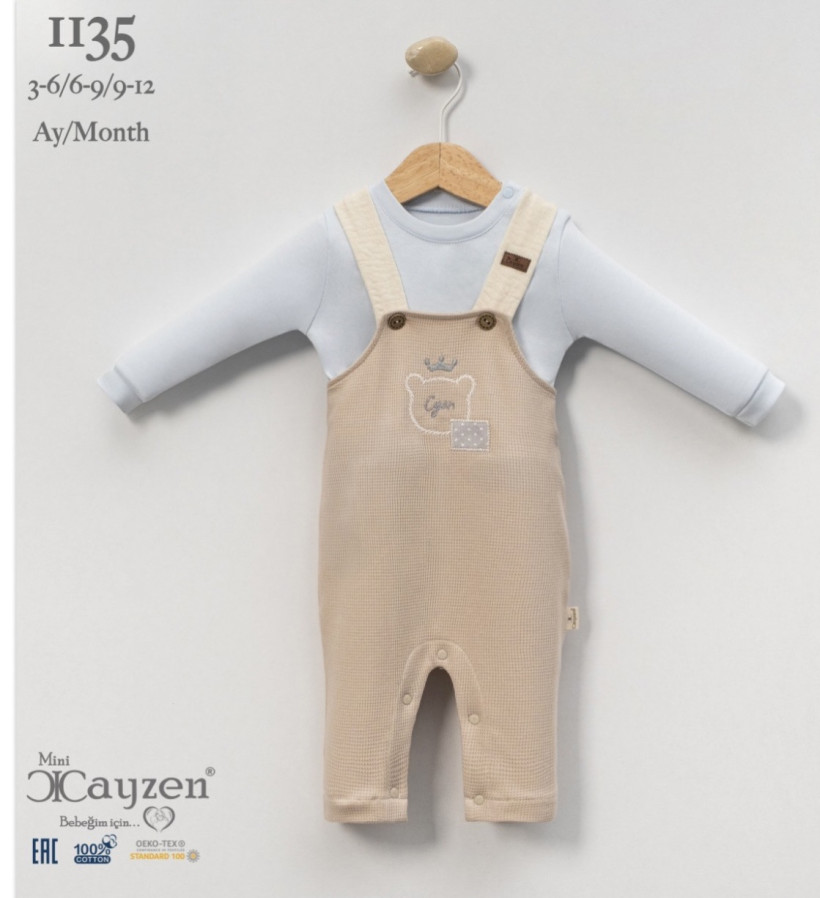 Komplet beżowy  ogrodniczki rozpinane w kroku + bluzka 100% bawełna 