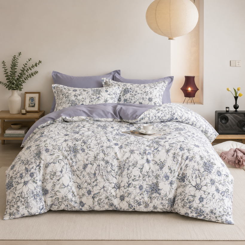 Komplet pościeli B312 jeansowa w kwiatuszki