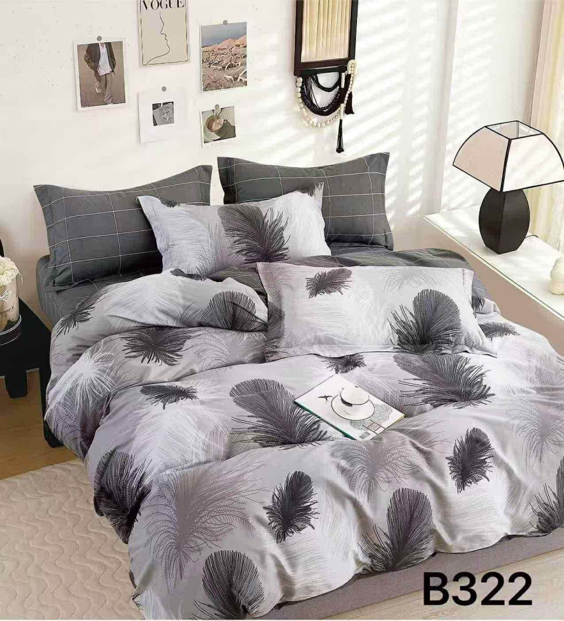 Komplet pościeli B322 popielata w beżowo-czarne pióra