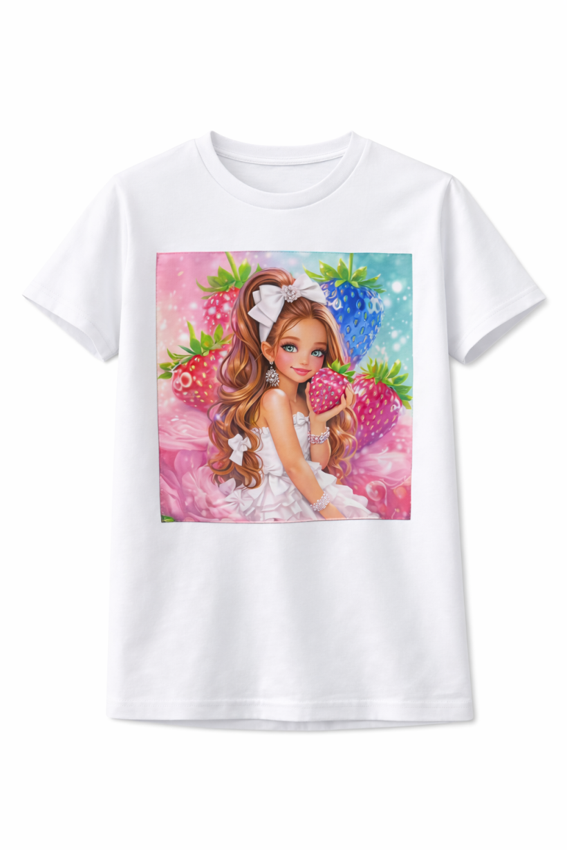 T-shirt migający dziewczynka truskawka biały