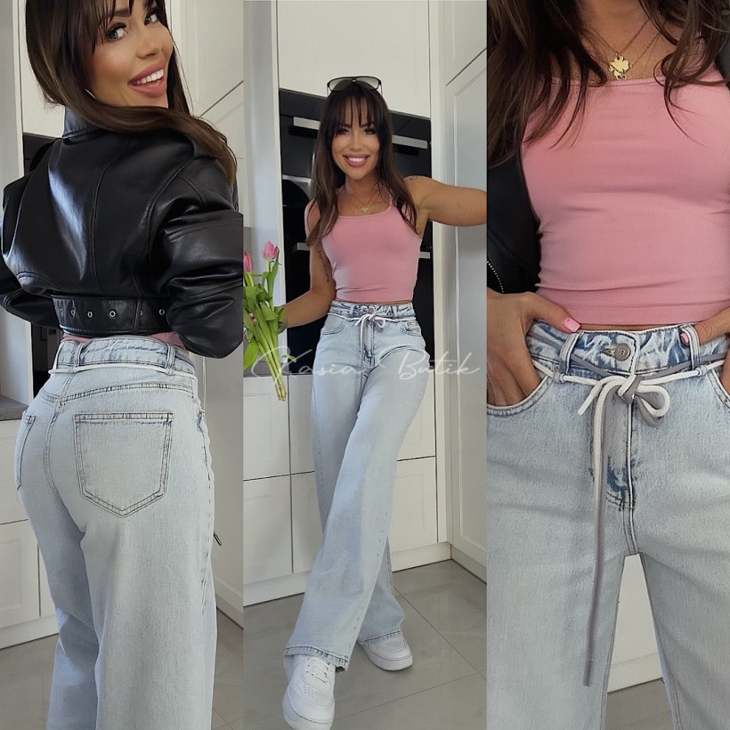 Jeansy Prosta Nogawka Sznurki I8 Jasnoniebieskie