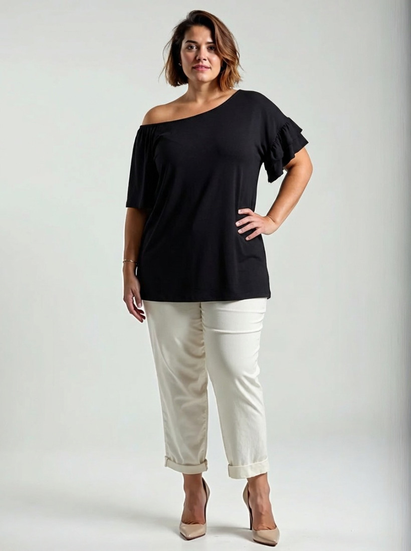 Elegancka bluzka PLUS SIZE damska falbanka w ramieniu